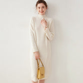 Wool Cashmere Mock Neck Casual Cable Knit Sweater Midi Dress